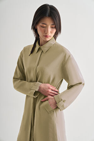 Mizalle Çift Cepli Beli İp Büzgülü Modal Su Yeşili Tunik