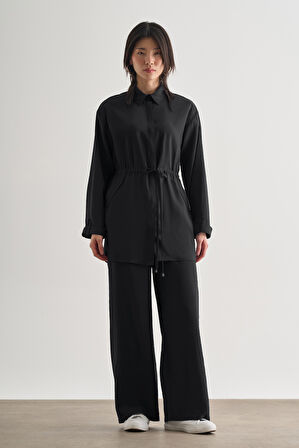 Mizalle Çift Cepli Beli İp Büzgülü Modal Siyah Tunik