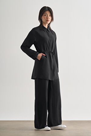 Mizalle Çift Cepli Beli İp Büzgülü Modal Siyah Tunik