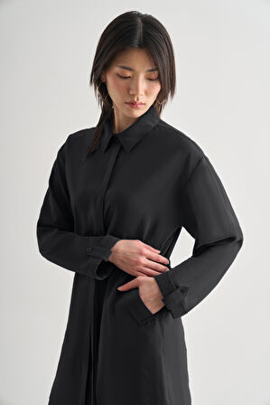 Mizalle Çift Cepli Beli İp Büzgülü Modal Siyah Tunik