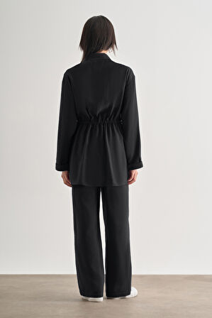 Mizalle Çift Cepli Beli İp Büzgülü Modal Siyah Tunik