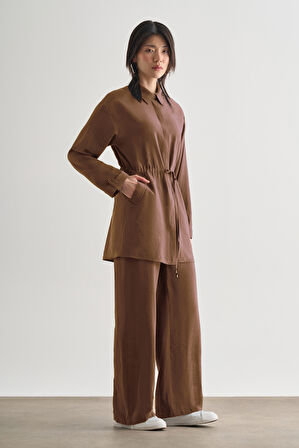 Mizalle Çift Cepli Beli İp Büzgülü Modal Karamel Rengi Tunik