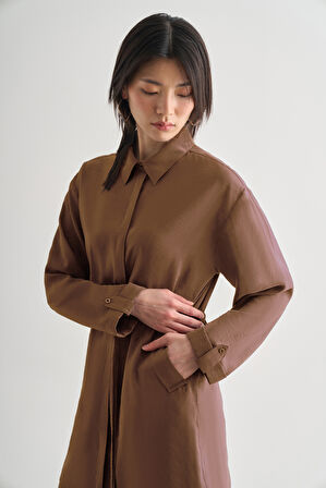 Mizalle Çift Cepli Beli İp Büzgülü Modal Karamel Rengi Tunik