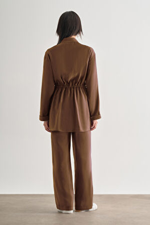 Mizalle Çift Cepli Beli İp Büzgülü Modal Karamel Rengi Tunik