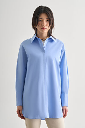 Mizalle Premium Saf Pamuk Kalın Manşetli Oversize Mavi Gömlek