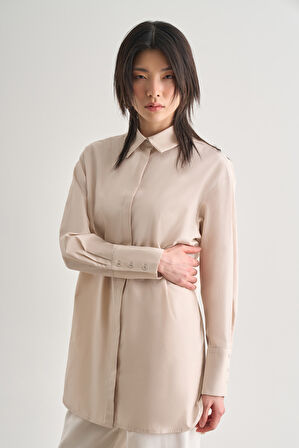 Mizalle Premium Saf Pamuk Kalın Manşetli Oversize Taş Rengi Gömlek