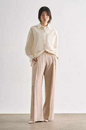 Mizalle Taş Rengi Çift Pileli Geniş Kesim Modal Pantolon