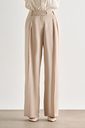 Mizalle Taş Rengi Çift Pileli Geniş Kesim Modal Pantolon