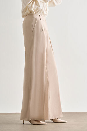 Mizalle Taş Rengi Çift Pileli Geniş Kesim Modal Pantolon