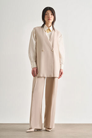 Mizalle Düğmeli Yakasız Taş Rengi Yelek