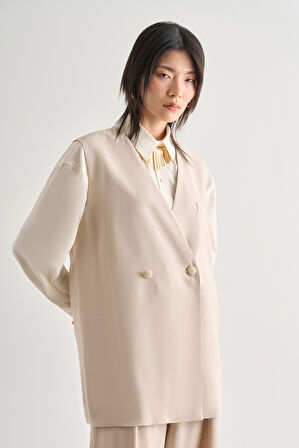 Mizalle Düğmeli Yakasız Taş Rengi Yelek