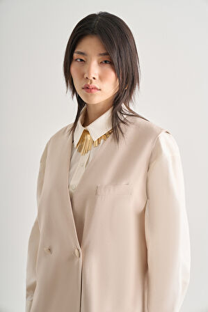 Mizalle Düğmeli Yakasız Taş Rengi Yelek