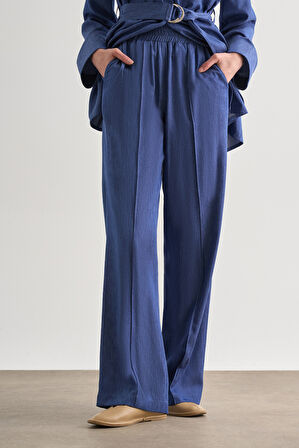 İndigo Mavi Mizalle Denim Dokulu Beli Lastikli Geniş Paça Pantolon