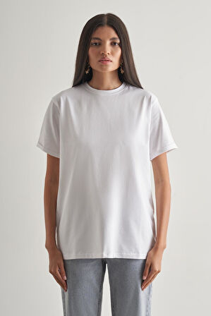 Mizalle Pamuklu Ekru Oversize Basic Tişört
