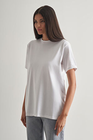 Mizalle Pamuklu Ekru Oversize Basic Tişört