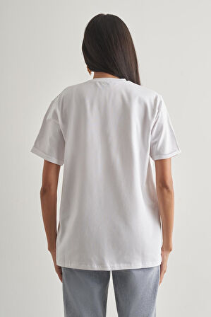 Mizalle Pamuklu Ekru Oversize Basic Tişört