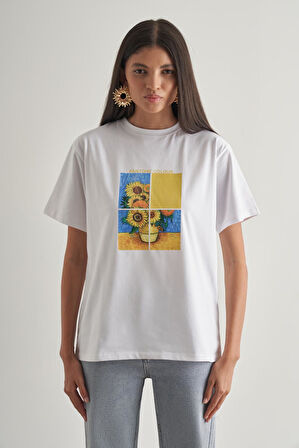 Mizalle Pamuklu Ekru Oversize Baskılı Tişört