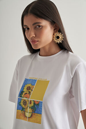 Mizalle Pamuklu Ekru Oversize Baskılı Tişört