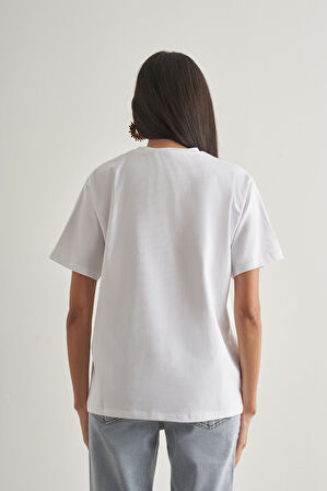 Mizalle Pamuklu Ekru Oversize Baskılı Tişört