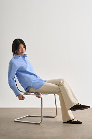 Mizalle Premium Saf Pamuk Kalın Manşetli Oversize Mavi Gömlek