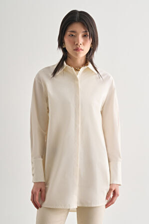 Mizalle Premium Saf Pamuk Kalın Manşetli Oversize Beyaz Gömlek