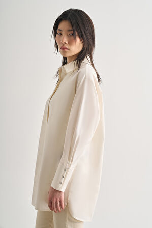 Mizalle Premium Saf Pamuk Kalın Manşetli Oversize Beyaz Gömlek