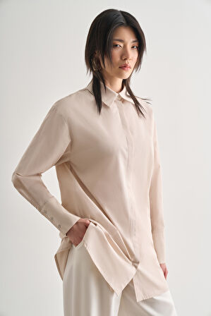 Mizalle Premium Saf Pamuk Kalın Manşetli Oversize Taş Rengi Gömlek