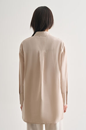 Mizalle Premium Saf Pamuk Kalın Manşetli Oversize Taş Rengi Gömlek