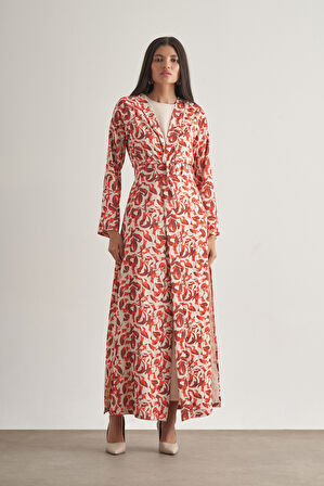 Mizalle Kırmızı Botanik Desenli Kimono Takım