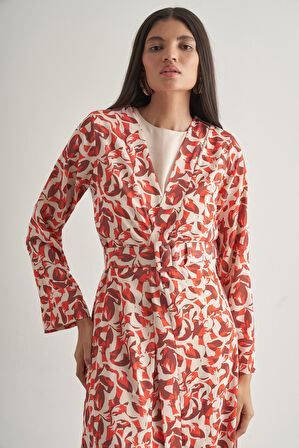 Mizalle Kırmızı Botanik Desenli Kimono Takım