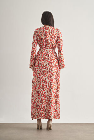 Mizalle Kırmızı Botanik Desenli Kimono Takım