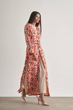 Mizalle Kırmızı Botanik Desenli Kimono Takım