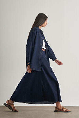 Mizalle Oversize Düğmeli Lacivert Denim Tunik