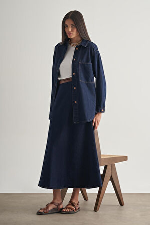 Mizalle Oversize Düğmeli Lacivert Denim Tunik