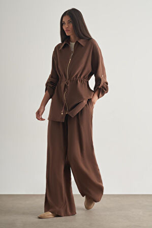 Mizalle Modal Karışımlı Fermuarlı Kahverengi Tunik