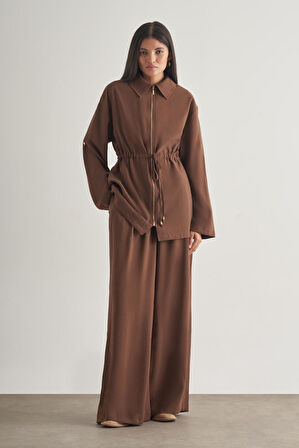 Mizalle Modal Karışımlı Fermuarlı Kahverengi Tunik