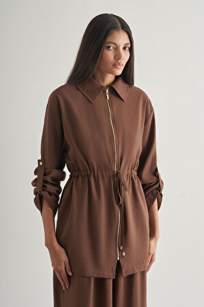 Mizalle Modal Karışımlı Fermuarlı Kahverengi Tunik