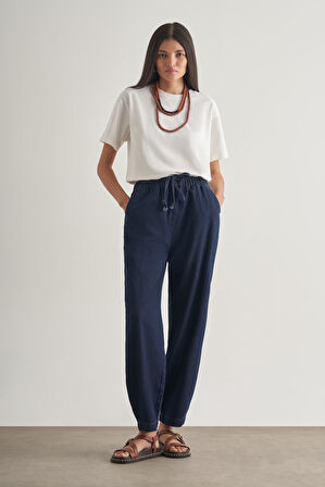 Mizalle Beli İpli Balon Fit Lacivert Denim Pantolon