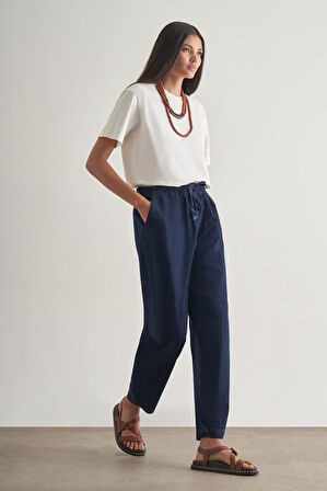 Mizalle Beli İpli Balon Fit Lacivert Denim Pantolon