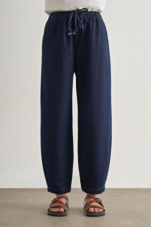 Mizalle Beli İpli Balon Fit Lacivert Denim Pantolon