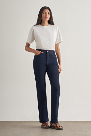 Mizalle Straight Fit Yüksek Bel Lacivert Denim Pantolon