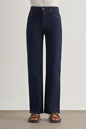 Mizalle Straight Fit Yüksek Bel Lacivert Denim Pantolon