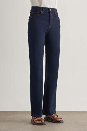 Mizalle Straight Fit Yüksek Bel Lacivert Denim Pantolon