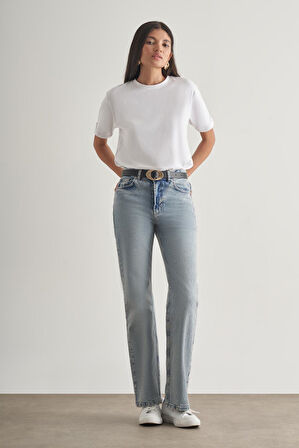 Mizalle Straight Fit Yüksek Bel Mavi Denim Pantolon