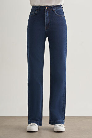 Koyu Rins Mizalle Geniş Paça Yüksek Bel Koyu Mavi Denim Pantolon