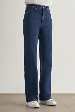 Koyu Rins Mizalle Geniş Paça Yüksek Bel Koyu Mavi Denim Pantolon