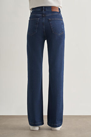 Koyu Rins Mizalle Geniş Paça Yüksek Bel Koyu Mavi Denim Pantolon