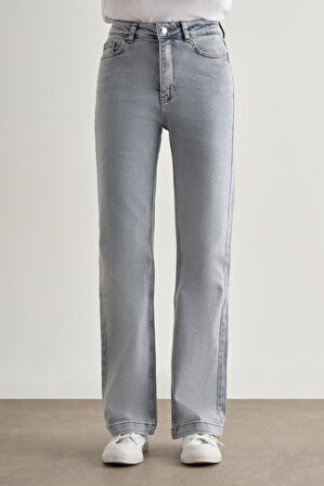 Mizalle Geniş Paça Yüksek Bel Kar Mavi Denim Pantolon