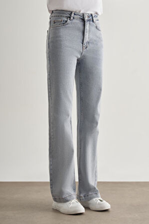 Mizalle Geniş Paça Yüksek Bel Kar Mavi Denim Pantolon