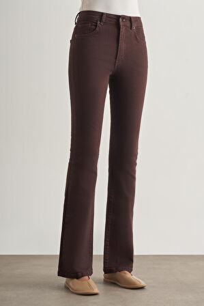 Mizalle Skinny Fit Flare Paça Kahverengi Denim Pantolon